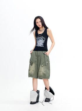 拓谷宽松牛仔短裤女夏季新款遮肉显瘦阔腿直筒中裤潮牌七分裤子