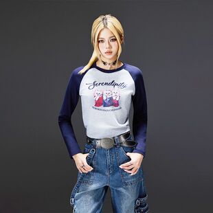 拓谷美式潮牌短款修身插肩长袖打底衫t恤女秋冬辣妹正肩显瘦上衣