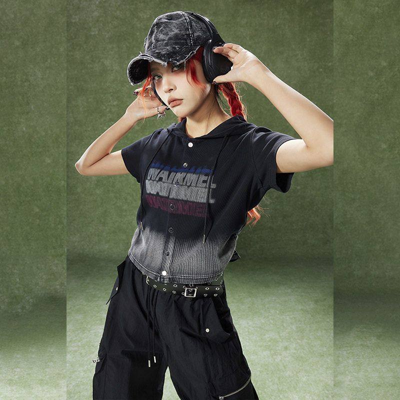 拓谷美式短袖正肩T恤女2025夏季连帽开衫修身显瘦甜辣短款上衣潮