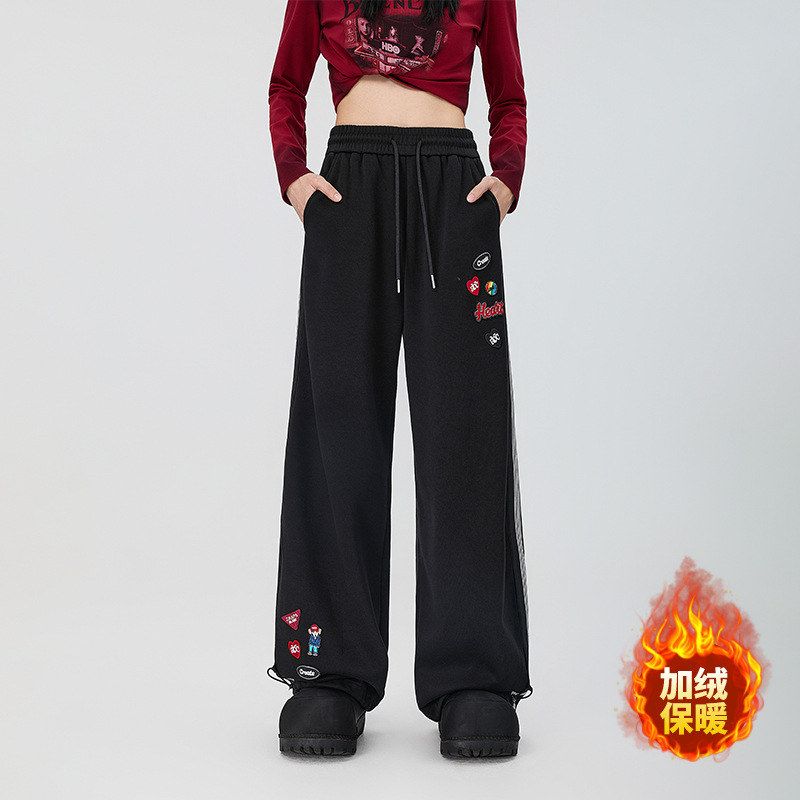 拓谷潮牌秋冬加绒卫裤运动裤子女直筒阔腿长裤宽松百搭束脚休闲裤