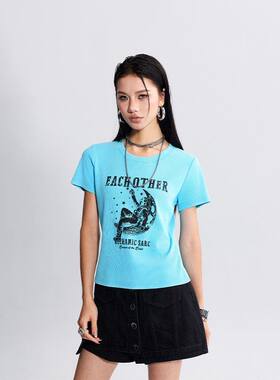 拓谷美式字母印花圆领正肩短袖t恤夏季新款洗水做旧修身短袖上衣