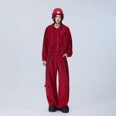 拓谷潮牌双面摇粒绒休闲套装女冬款保暖抓绒运动外套加绒加厚裤子