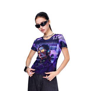 拓谷赛博朋克印花短袖上衣女夏季新款欧美潮牌修身圆领正肩t恤女