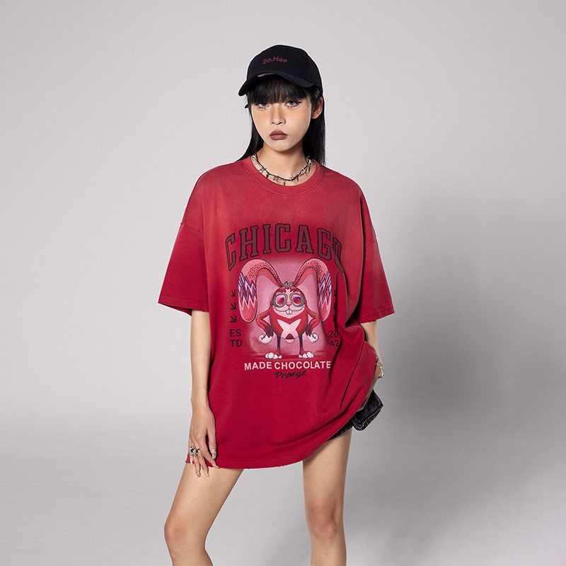 拓谷潮牌烫钻短袖T恤女纯棉2025夏季新款大版宽松中长款印花上衣