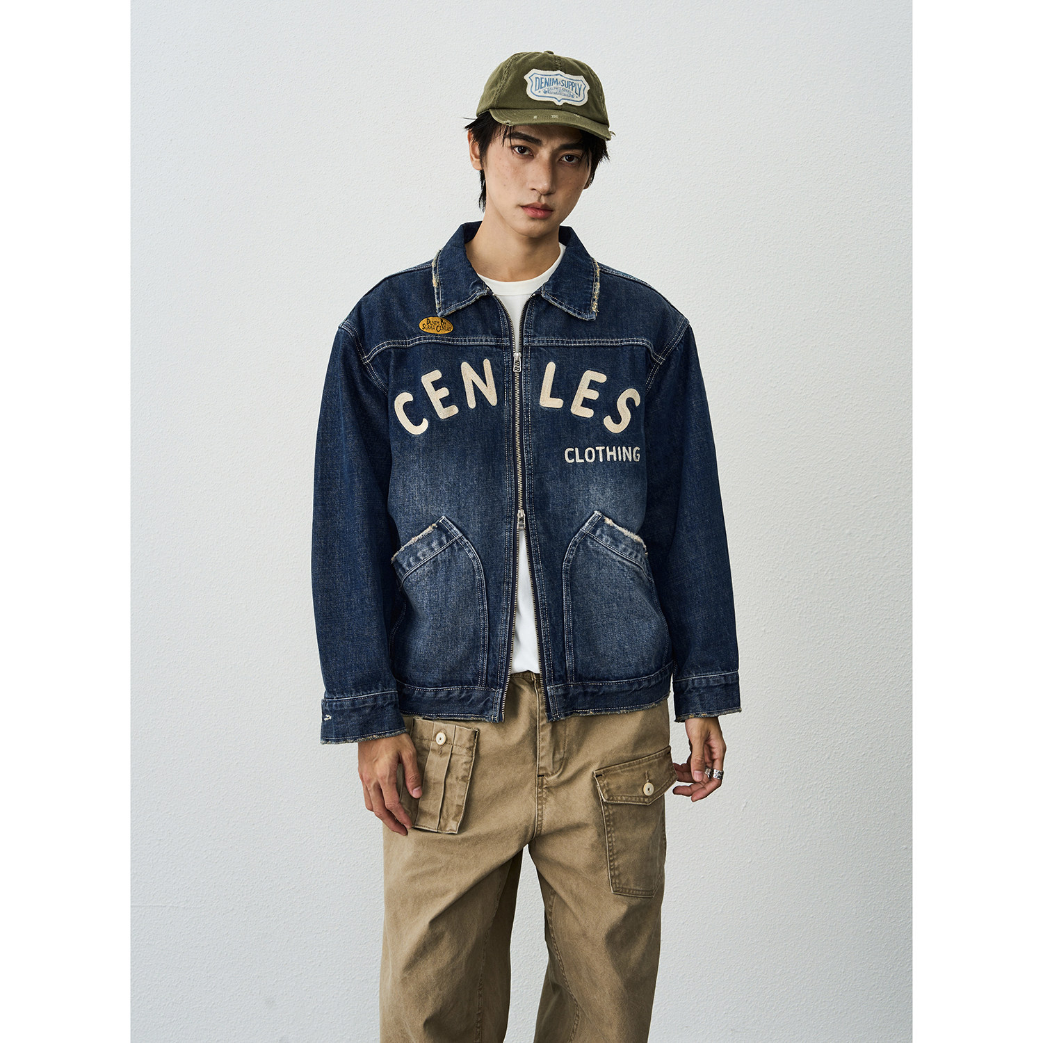 CENLES 酵磨水洗破坏绣花牛仔夹克男复古做旧外套VINTAGE