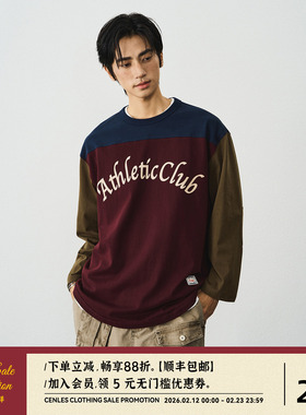 CENLES AW25 复古拼色全棉运动长袖T恤男宽松美式学院风印花TEE