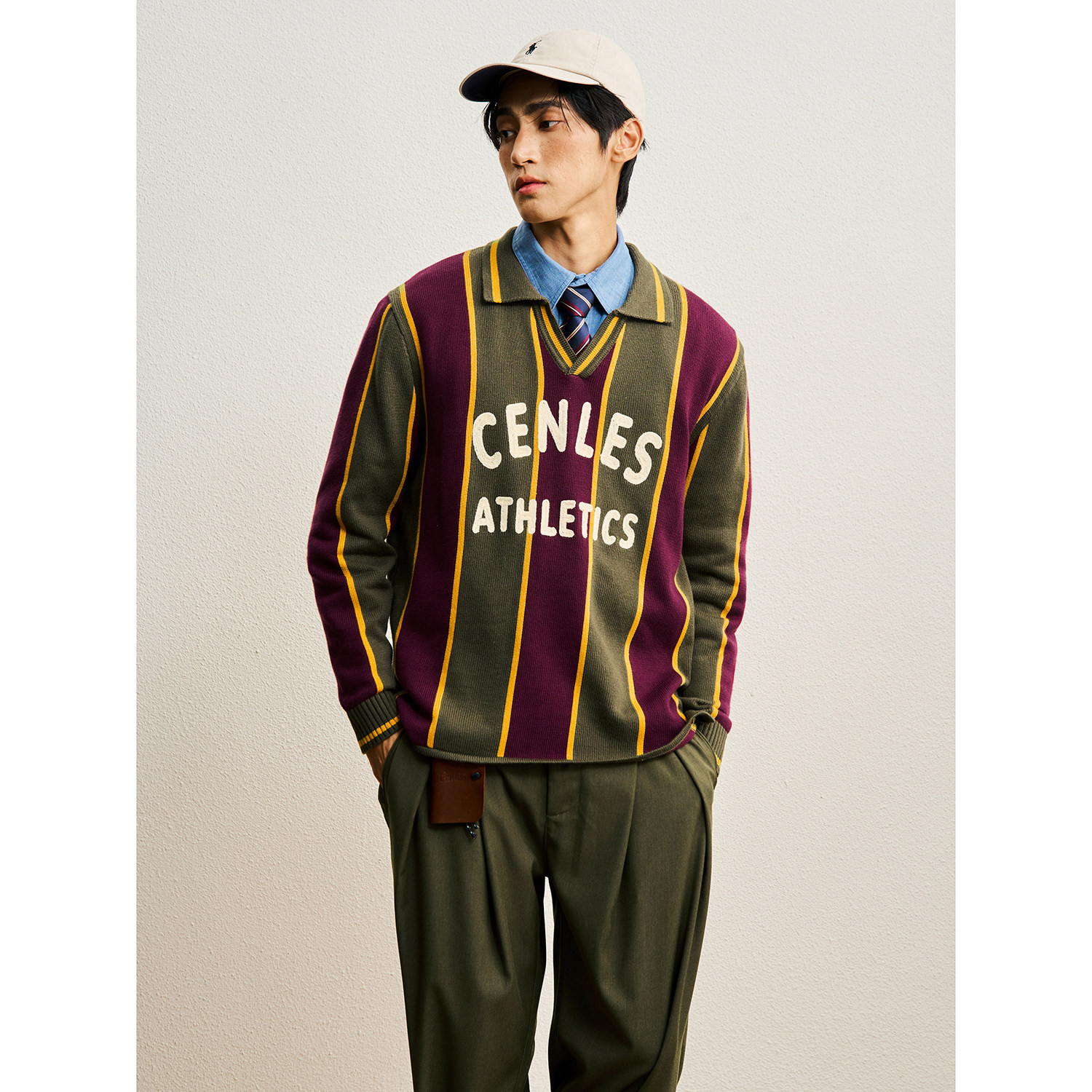 CENLES AW26 复古条纹绣花针织上衣套头足球POLO领毛衣百搭慵懒风