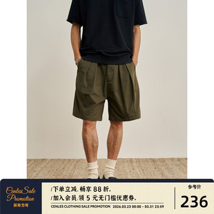 做旧中腰五分休闲裤 CENLES 人字纹褶皱短裤 复古美式 垂感宽松 SS26