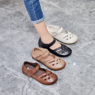 渊博坡跟凉鞋真皮软底妈妈鞋休闲