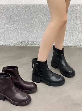 渊博粗跟短靴加绒马丁靴女瘦瘦靴