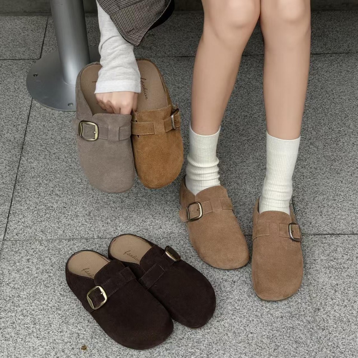 真皮勃肯鞋外穿包头半拖鞋女厚底