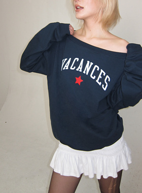 VACANCES 春秋季美式复古街头字母印花长袖斜领卫衣一字肩上衣女