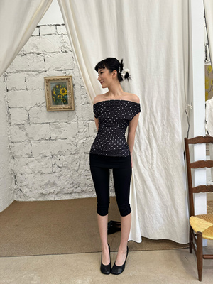 VACANCES 25夏季新品弹力修身荡领波点无袖上衣斜肩一字肩超显瘦