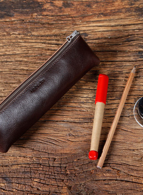 进口头层牛皮手工笔袋简约复古大容量笔盒文具收纳包办公真皮笔袋