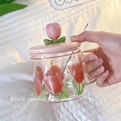 郁金香玻璃水杯女生高颜值杯子带盖带勺子家用早餐杯耐高温马克杯