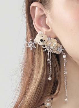 BING雪花季 冬日限定白色卡通小熊锆石耳饰轻奢流苏耳环女