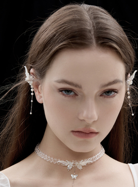 BING镜中舞系列 原创小众设计超仙蝴蝶翅膀精灵耳夹白色耳环耳饰