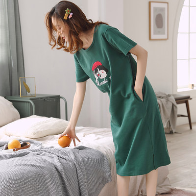 睡裙女夏季纯棉短袖薄款宽松大码孕妇睡衣长款过膝全棉春秋家居服