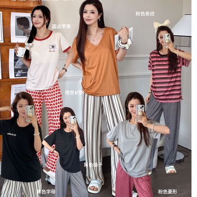 可爱条纹睡衣女带胸垫夏季套头短