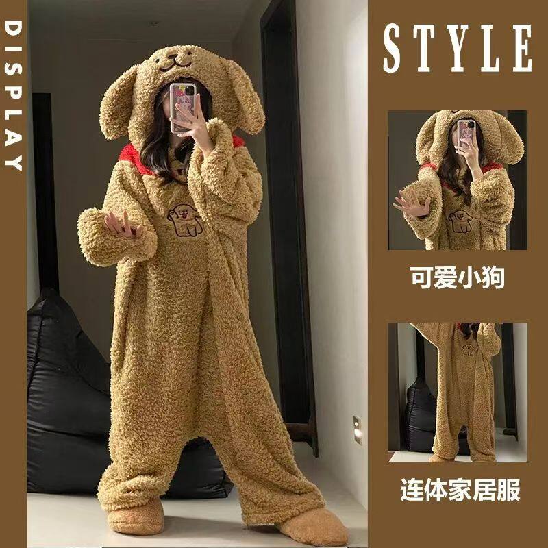 2025年新款卡通线条小狗珊瑚绒连体睡衣女冬季加绒加厚保暖家居服
