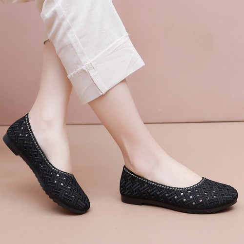 老北京布鞋女网鞋夏季镂空平底女鞋舒适透气软底防滑一脚蹬妈妈鞋