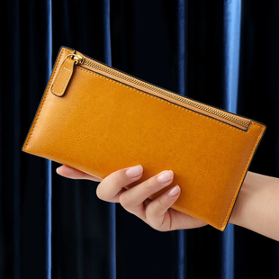 纯牛皮超薄长款 拉链钱包简约百搭真皮防消磁多卡位大钞皮夹放手机