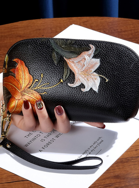 高档真皮大容量手拎零钱包女气质2026新款牛皮压花贝壳手包放手机