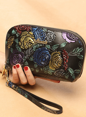 真皮小手包女士洋气2026新款牛皮压花大容量零钱包贝壳手拎手机包