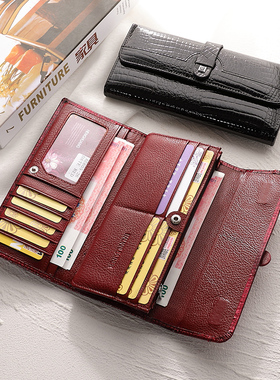 真皮绿色长款钱包放手机女气质2026冬季新款折叠大容量钱夹手拿包