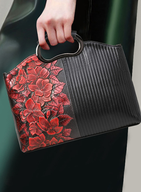 中国风真皮立体压花大容量手提包名媛气质旗袍宴会包链条单肩女包