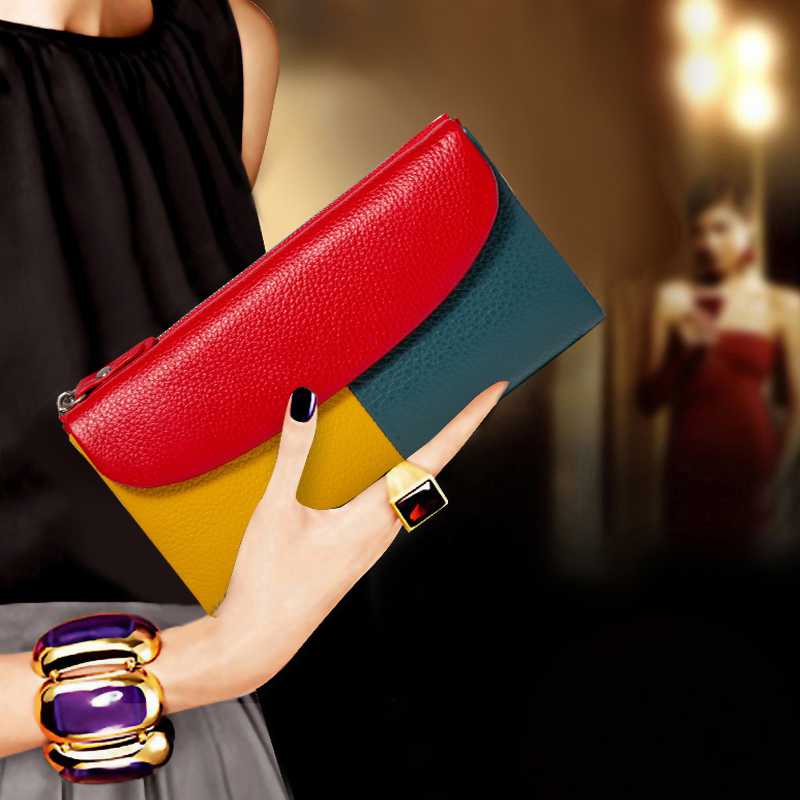 时尚撞色真皮长款折叠钱包放手机