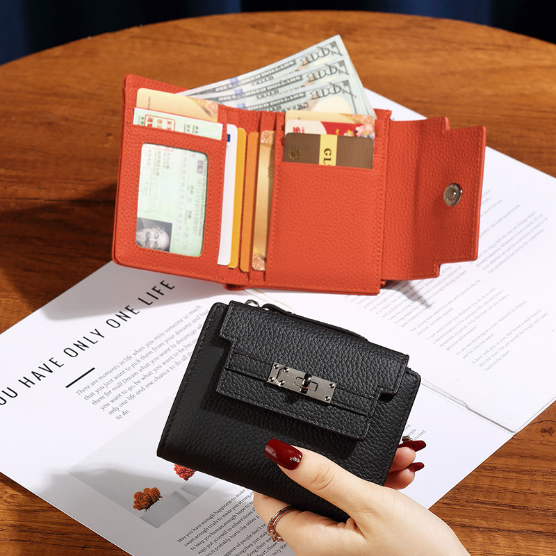 里外真皮短款折叠钱包女超薄便携大钞夹牛皮多卡位证件卡包零钱包