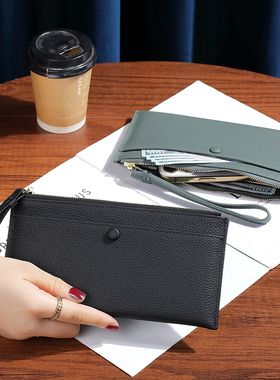 纯牛皮超薄款手拎长款钱包女百搭2025新款真皮多卡位钱夹放大手机