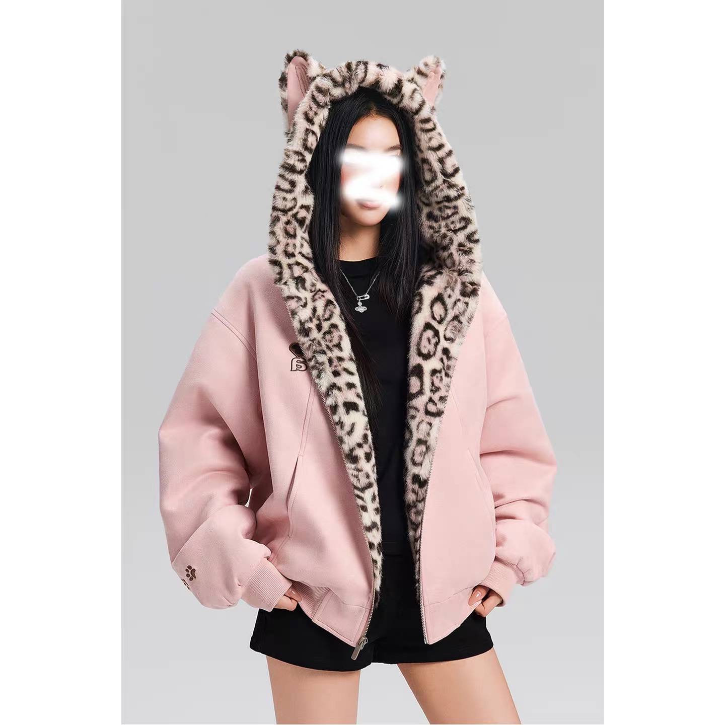 Achock官方店秋冬可爱兔耳保暖卫衣豹纹内里拉链连帽加绒外套