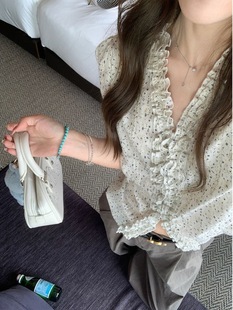 ASHENONLINE 苏黎世夏 印花水溶衬衫女V领显瘦短款泡泡袖休闲上衣