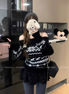 1JINN STUDIO 复古粗织一字肩费尔岛毛衣秋冬慵懒宽松上衣外套女