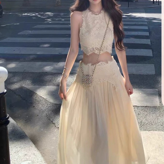 你的懒懒llan卢浮幻境优雅甜美精致睫毛蕾丝上衣+长裙套装女