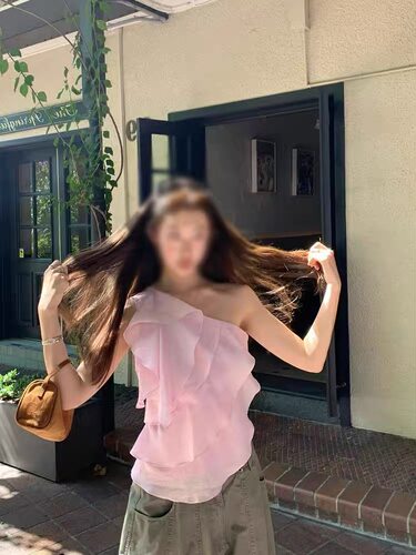 Ranwear'柔光漫纱'57莱赛尔亚麻多层荷叶边飘带单肩吊带短款上衣