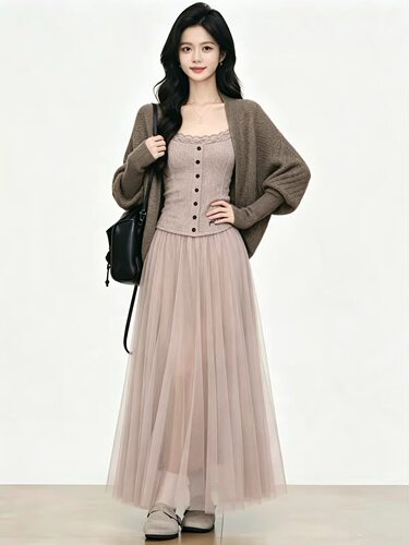 【8.4新品】WESTAYONE 蝙蝠袖针织开衫女外套+蕾丝吊带+网纱长裙
