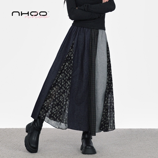 NHOO恩逅 不规则小众设计感牛仔拼接碎花半身裙子松紧腰格纹半裙