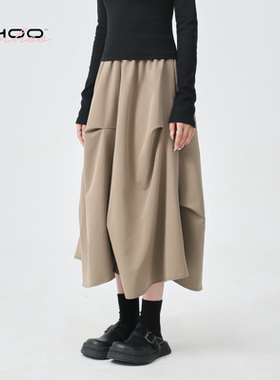 NHOO恩逅 不规则褶皱a字半身伞裙女秋冬新款中长2025新款卡其色裙