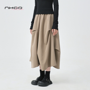 卡其色裙 中长2025新款 NHOO恩逅 不规则褶皱a字半身伞裙女秋冬新款