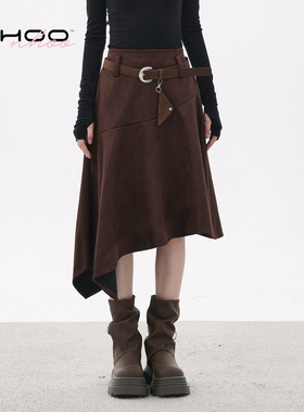 NHOO恩逅 秋冬新款半身裙女废土风度假风麂皮绒不规则中长款裙子