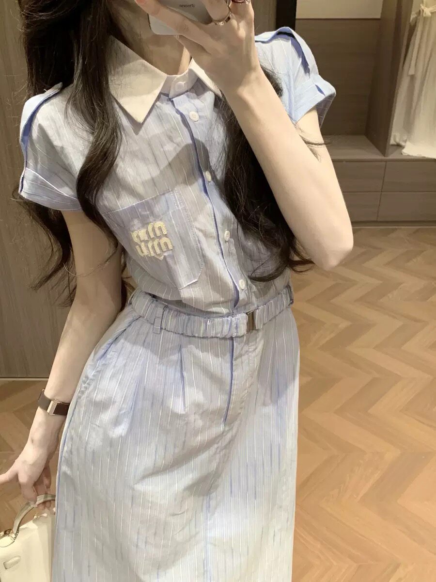 韩系温柔风蓝色条纹衬衫连衣裙女连衣裙