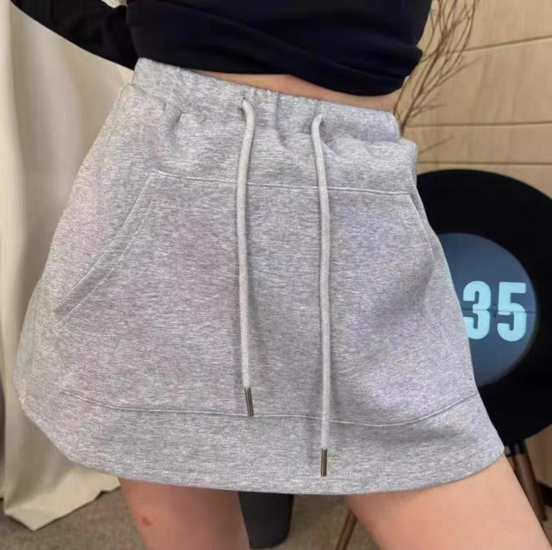 元熙设计款别致前抽绳松紧腰A字休闲运动短裙防走光灰色半身裙女
