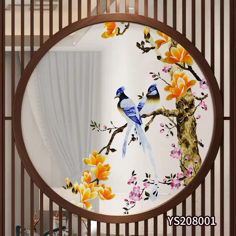 实木屏风双面刺绣定制圆形半透双面高清挂壁入户玄关画