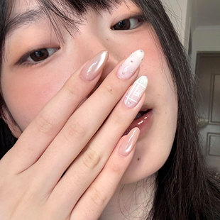 顯白高級感 手工穿戴甲ins風溫柔韓系美甲少女心格紋愛心指甲新款