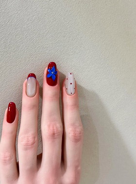 纯手工穿戴甲甜酷ins风复古蓝色雕花美甲牛血富贵指甲显白高级感