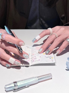 手工穿戴甲清凉薄荷美甲夏季爆闪猫眼欧泊星星指甲新款显白高级感