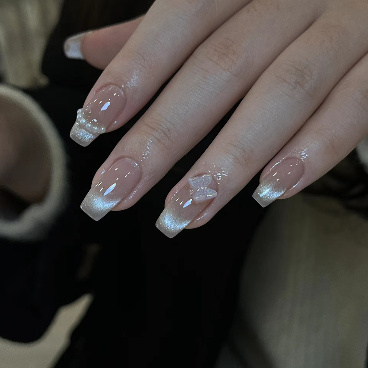 手工穿戴甲法式渐变猫眼蝴蝶美甲成品穿戴式高级感显白指甲片新娘